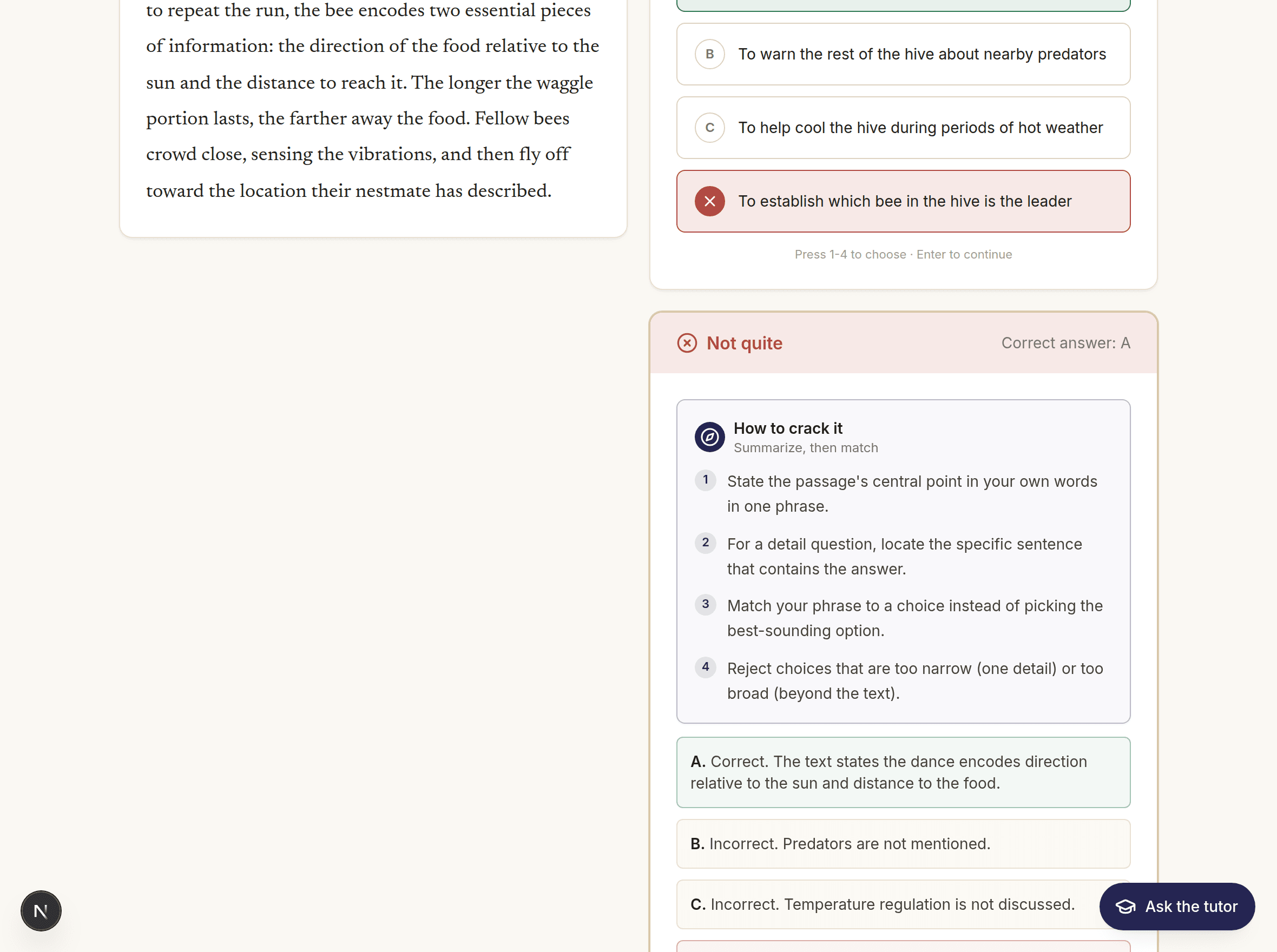 A checked answer showing per-choice explanations of why the correct option works and each distractor is wrong.