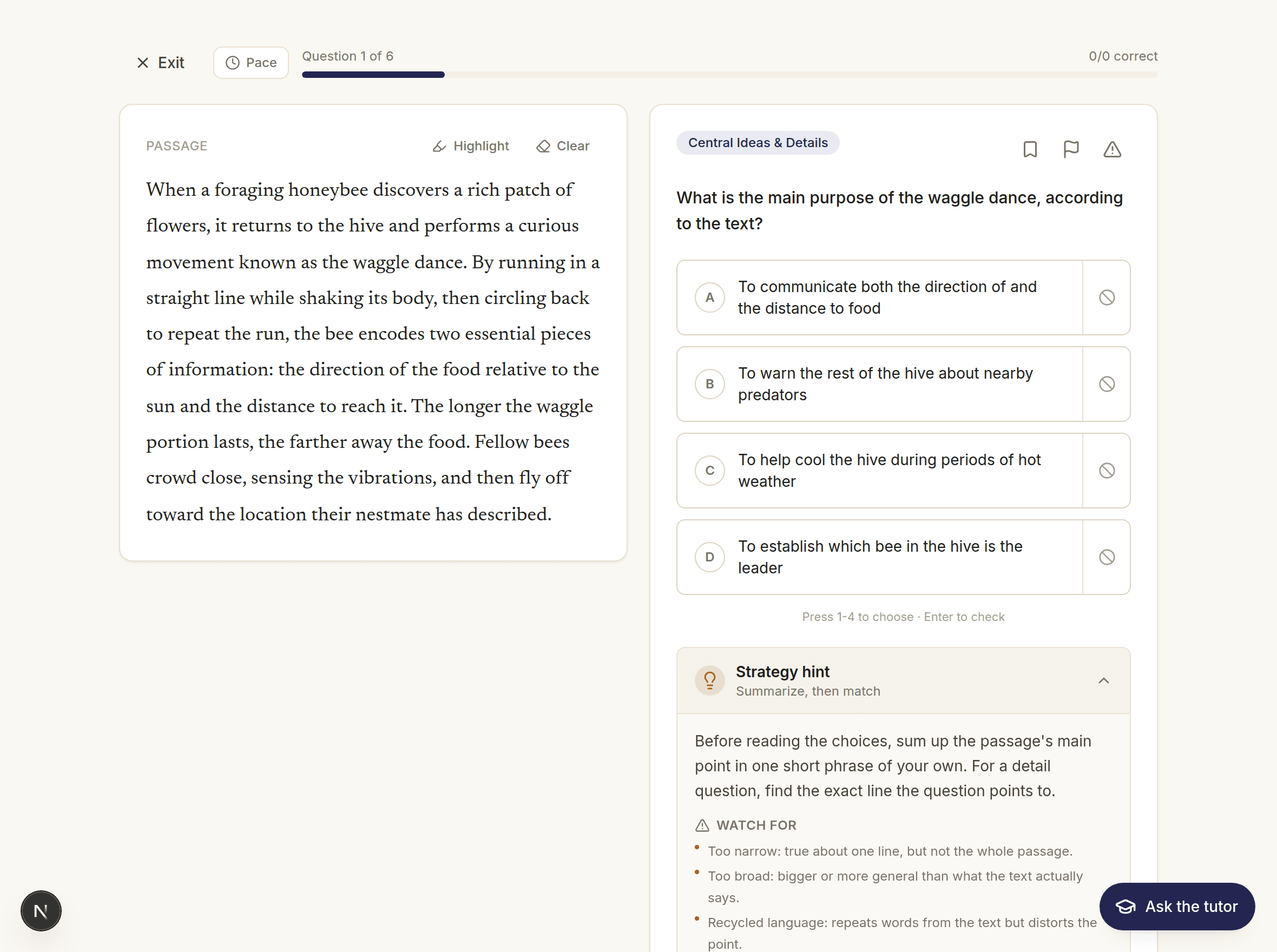 A reading question with a passage and an open Strategy hint that summarizes the method and the traps to watch for.