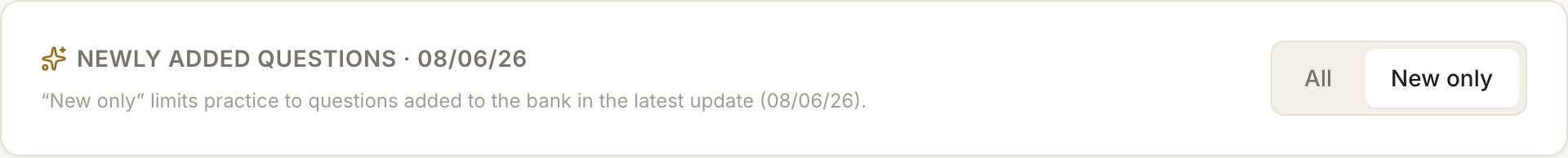 The Newly added questions filter in Perfect1600, set to New only, dated 08/06/26